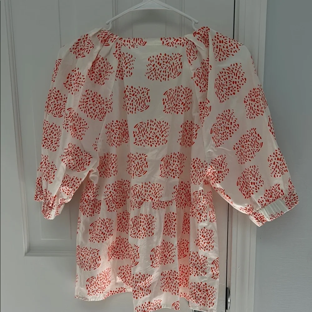 Anthropologie Orange and White Puff Sleeve Blouse with Ruffled Details